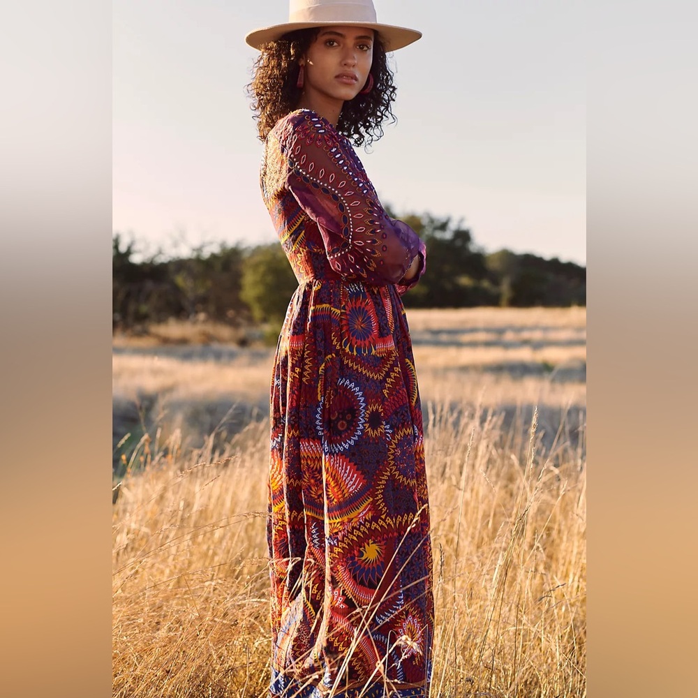 Anthropologie Maren Dress Embroidered Maxi sheer sleeves dress size 10 NWT